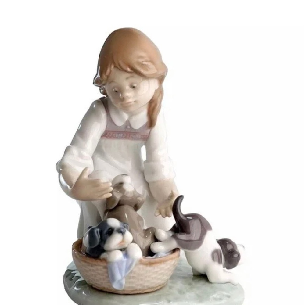 Lladro “Joy In a Basket” Girl With Puppies Glossy Figurine